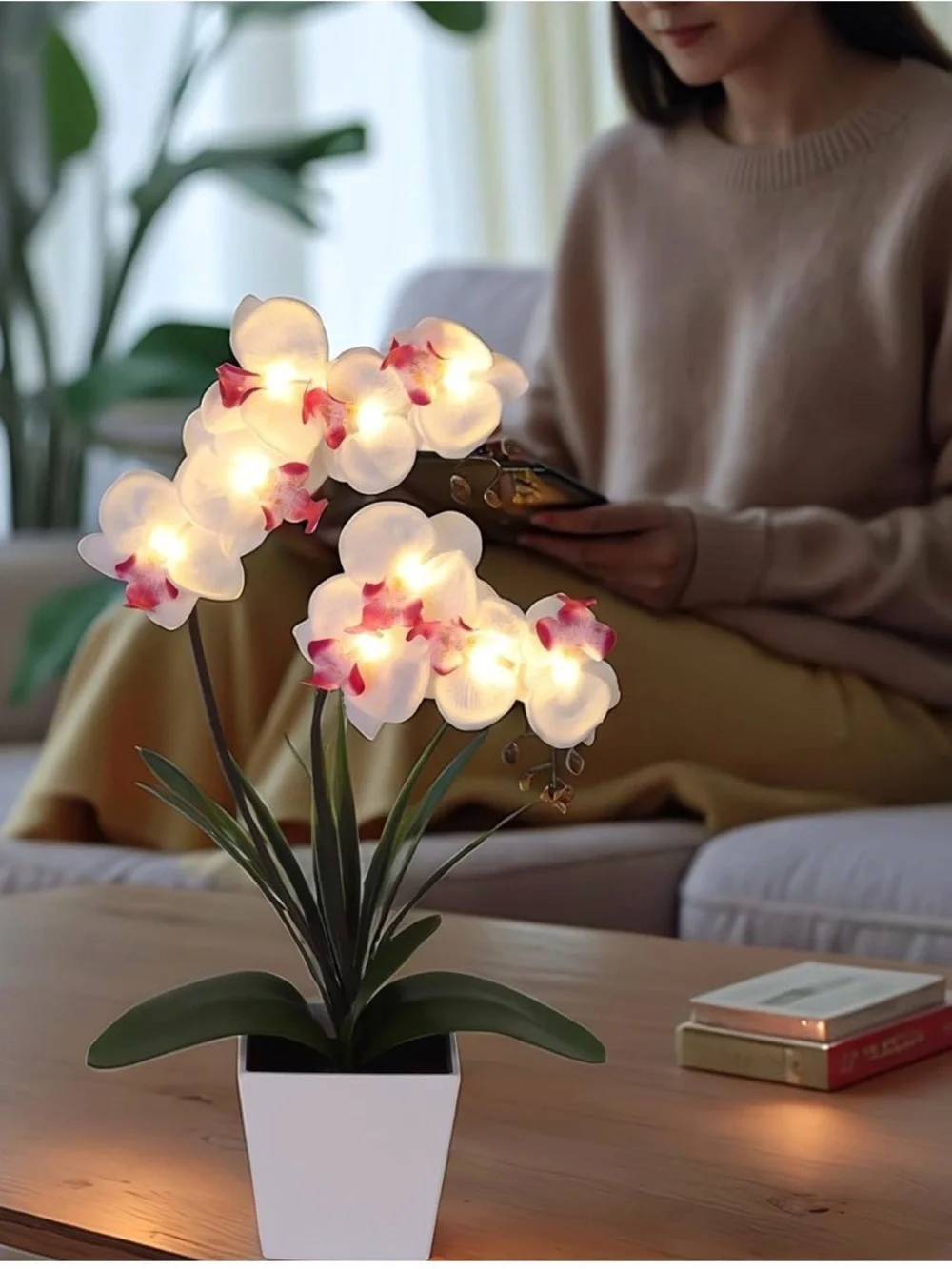 NIB White LED Faux Orchid Arrangement in White Planter 15